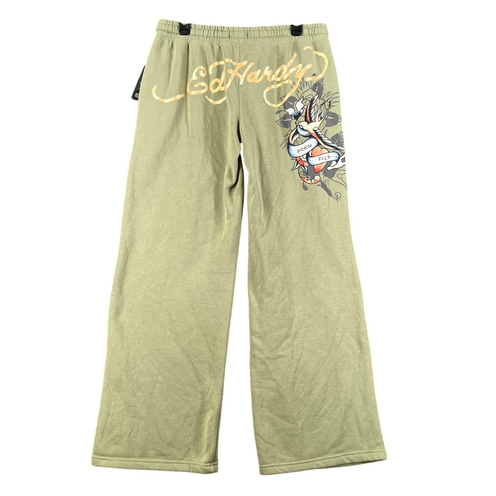 Ed Hardy Born Free Wide Leg Sweatpants Womens L Olive Green Gold Graphic NWT